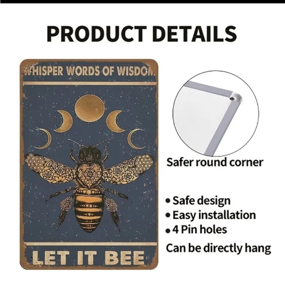 NWT Let It Bee Metal Tin Vintage Inspired 7.9” x 11.9” Weatherproof Decor Sign - Picture 4 of 6